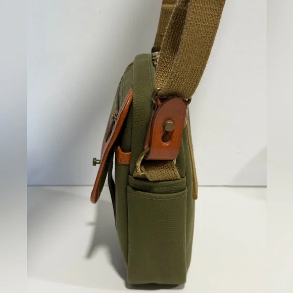 Billingham England Compact Stowaway Camera Green Cognac Brown Leather Handbag - Picture 9 of 15